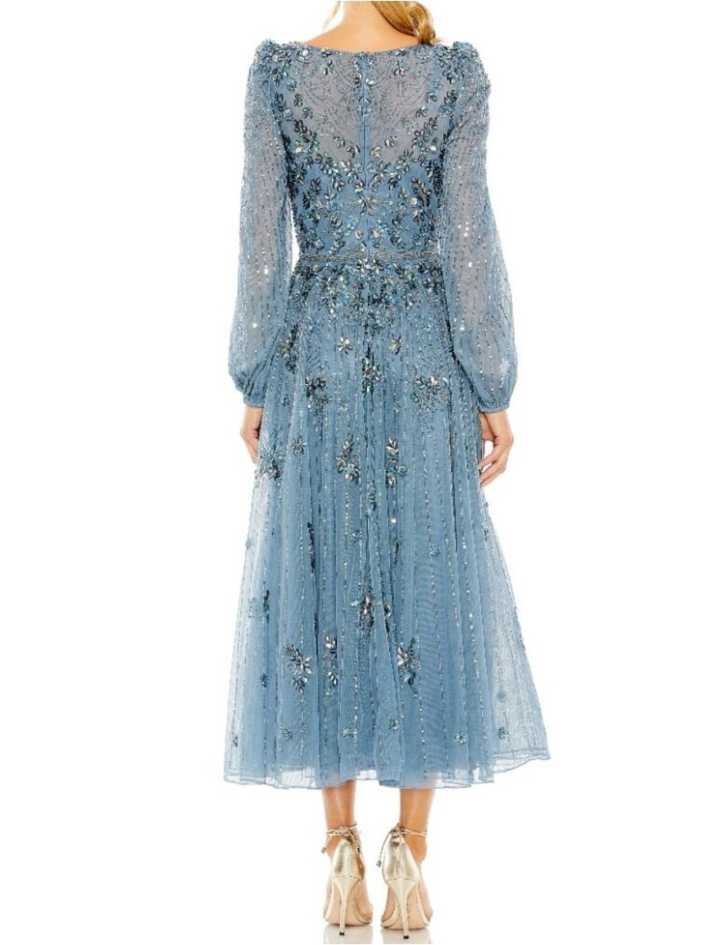 NWT Mac Duggal $698 MSRP Slate Blue Beaded Bishop Sleeves Midi Dress Size 24 - Picture 2 of 10